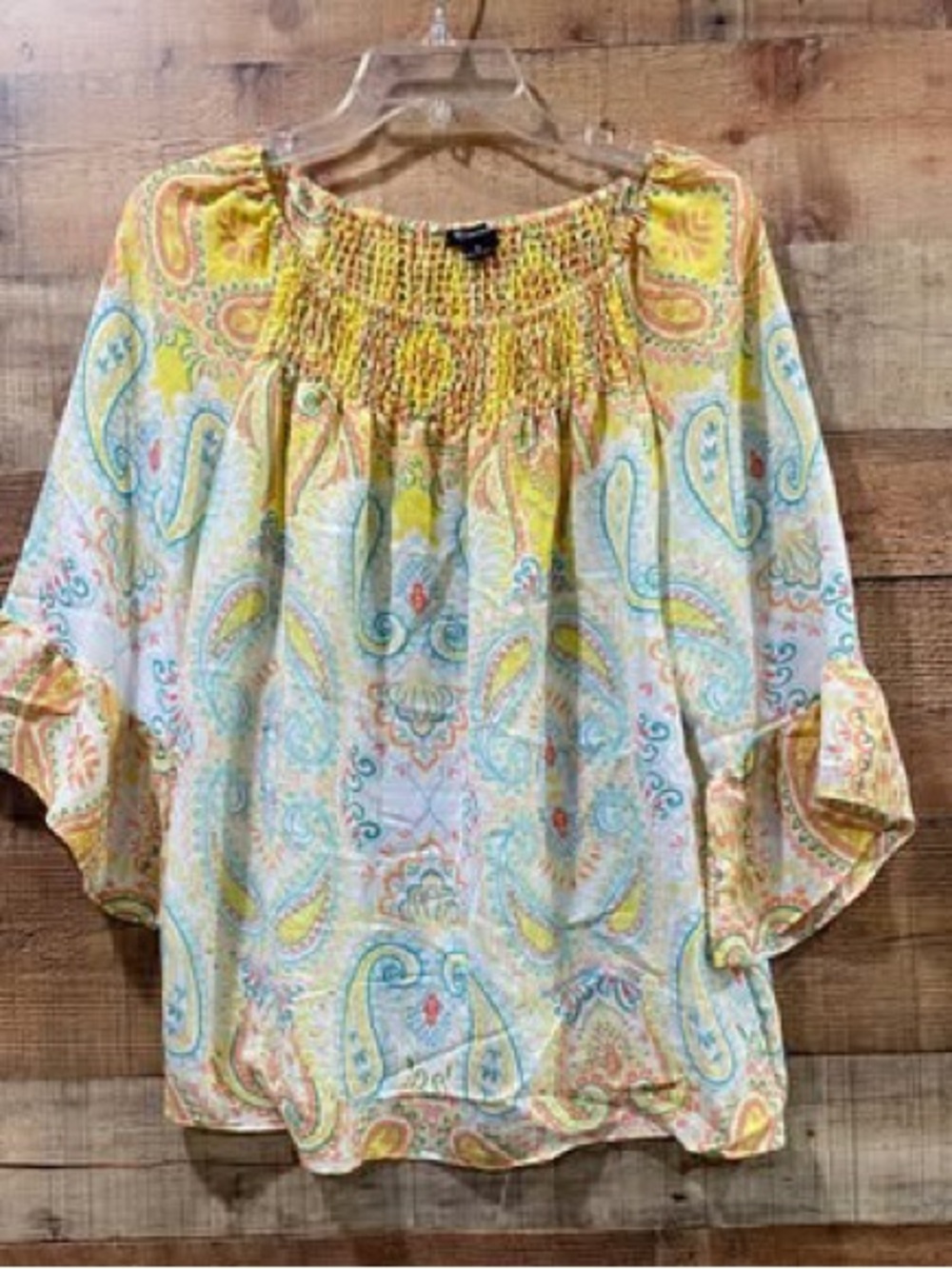New Directions Smocked Paisley Peasant Top Pastels-blue, yellow on white Sz Med